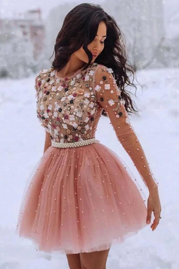 Anneprom A Line Blush Pink Long Sleeve Homecoming Dresses 3D Flowers Beaded Short Prom Dresses APH0101