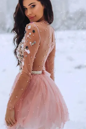 Anneprom A Line Blush Pink Long Sleeve Homecoming Dresses 3D Flowers Beaded Short Prom Dresses APH0101