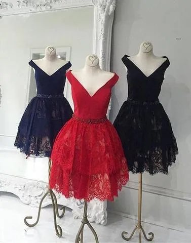 Anneprom A-line Dark Navy Short Prom Dress Off-the-shoulder Lace Short Prom Dress Homecoming Dress APH0084