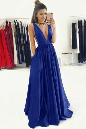 Anneprom A-Line Deep V-Neck Sweep Train Royal Blue Prom Dress With Ruched APP0140