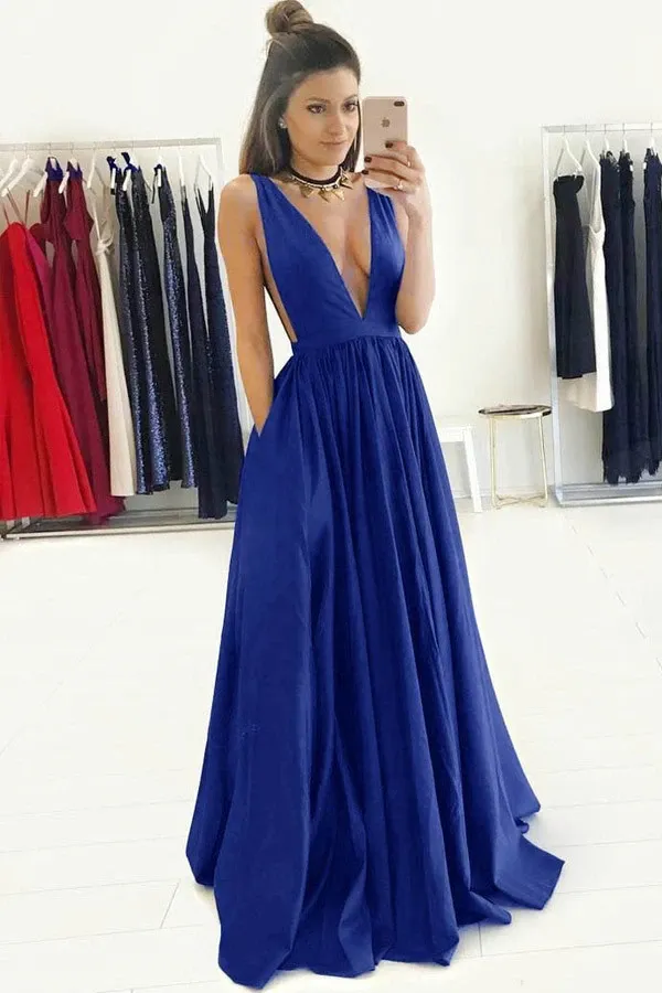 Anneprom A-Line Deep V-Neck Sweep Train Royal Blue Prom Dress With Ruched APP0140