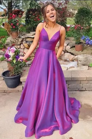 Anneprom A Line Grape Spaghetti Straps Satin V Neck Long Prom Dresses Backless Evening Dresses APP0644