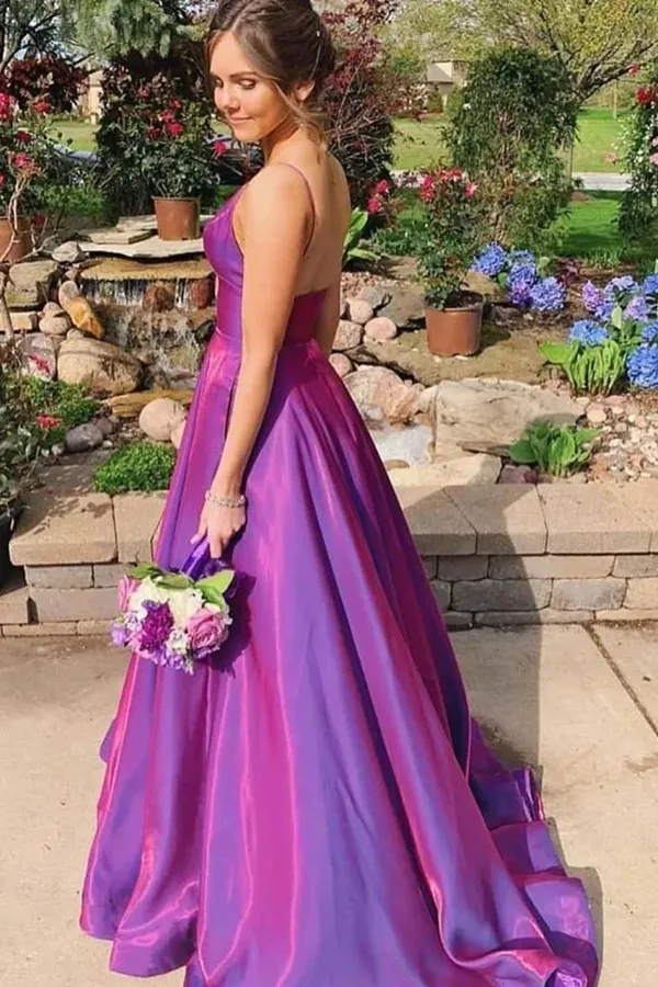 Anneprom A Line Grape Spaghetti Straps Satin V Neck Long Prom Dresses Backless Evening Dresses APP0644