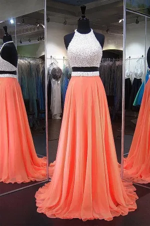 Anneprom A-Line Halter Chiffon Sweep Train Backless Two Piece Prom Dresses APP0133