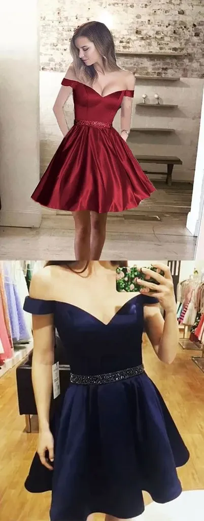 Anneprom A-line Off-the-shoulder Homecoming Dress Burgundy Short Prom Drsess APH0083