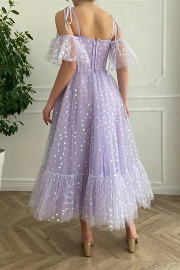 Anneprom A line Off the shoulder Tea Length Prom Dress Applique Homecoming Dress APP0626