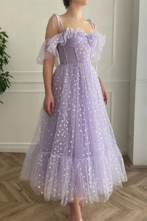 Anneprom A line Off the shoulder Tea Length Prom Dress Applique Homecoming Dress APP0626