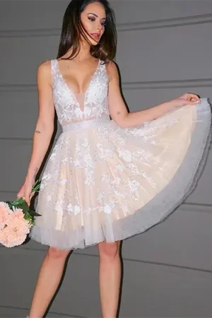 Anneprom A Line Princess V Neck Tulle Sleeveless Short Homecoming Dresses APH0138