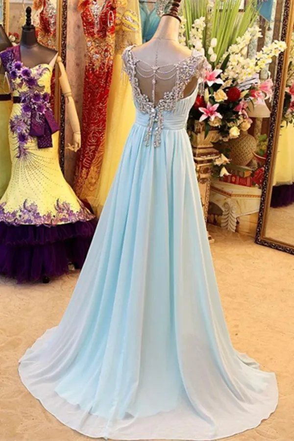 Anneprom A Line Prom Dress V Neck Chiffon Crystal Party Gown APP0559