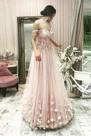 Anneprom A-line Prom Dresses Off-the-shoulder Pink Beading Long Prom Dress/Evening Dress APP0394