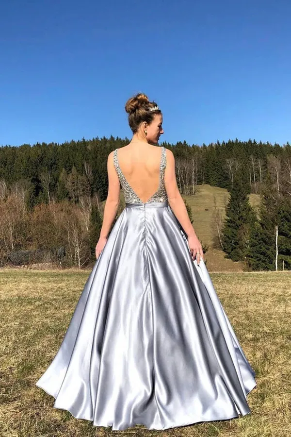 Anneprom A Line Satin V Neck Beading Long Prom Dress V Back Evening Dresses APP0532