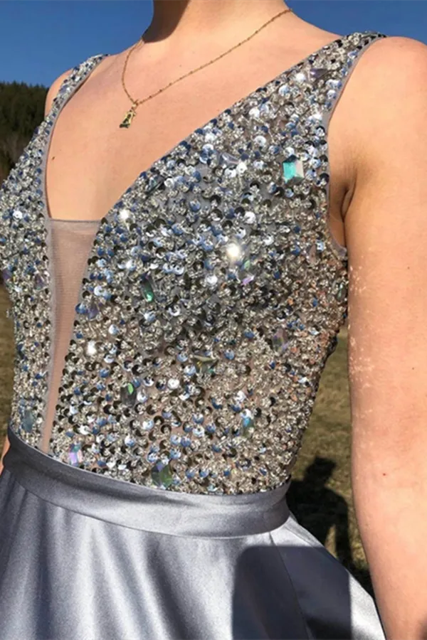 Anneprom A Line Satin V Neck Beading Long Prom Dress V Back Evening Dresses APP0532