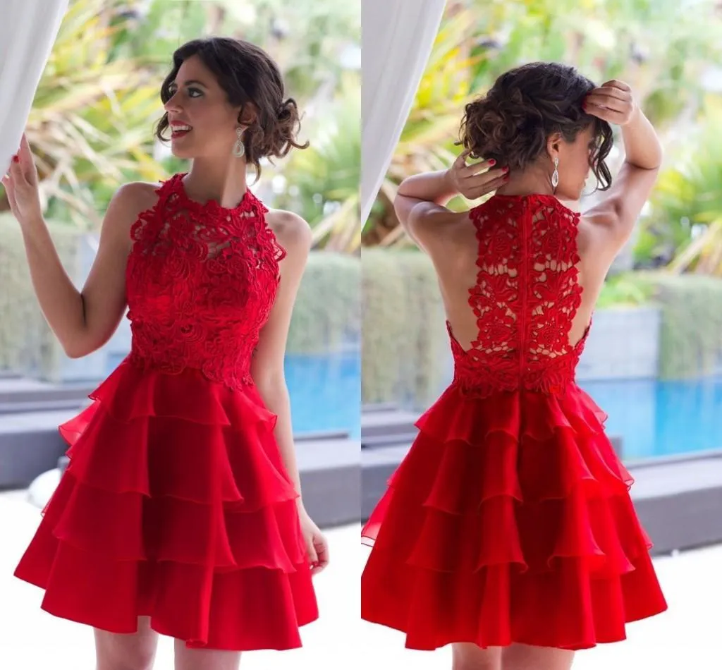 Anneprom A-line Scoop Homecoming Dress Organza Red Short Prom Drsess APH0098