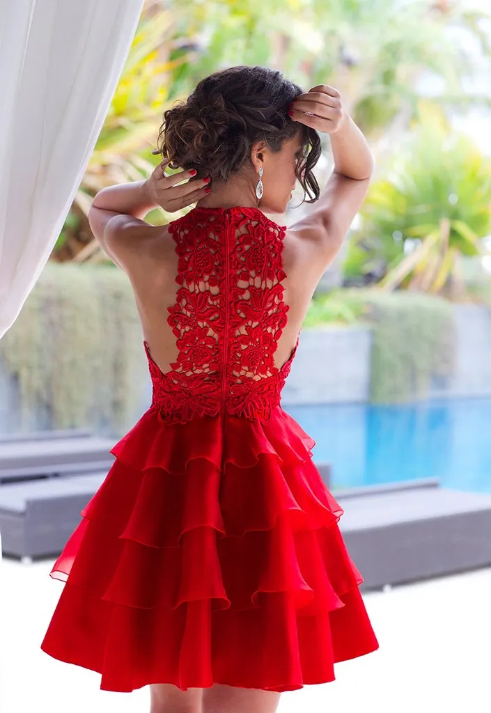 Anneprom A-line Scoop Homecoming Dress Organza Red Short Prom Drsess APH0098