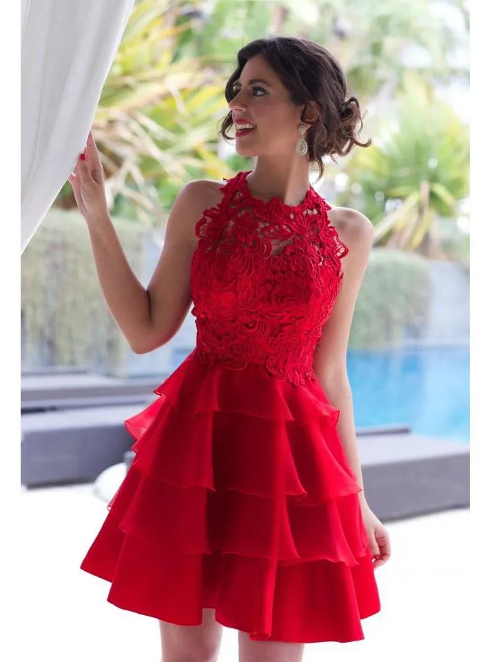 Anneprom A-line Scoop Homecoming Dress Organza Red Short Prom Drsess APH0098