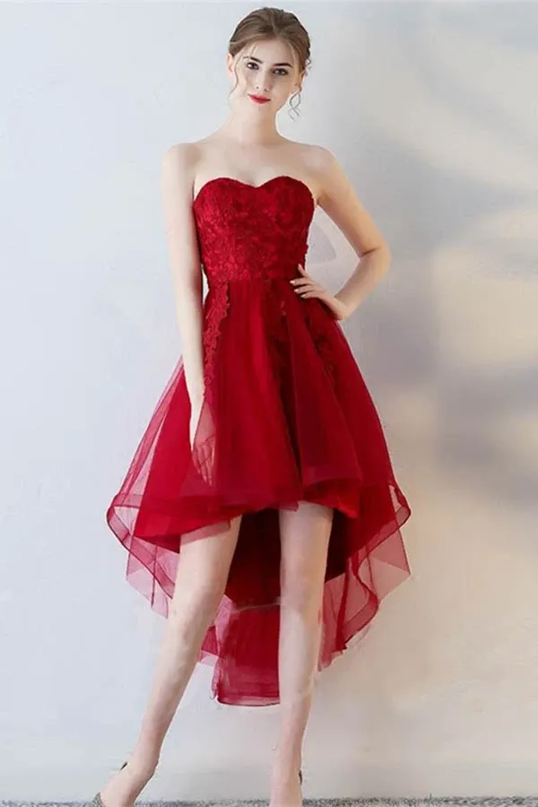 Anneprom A-Line Short Sleeves Appliques Sweetheart Asymmetry Homecoming Dress APH0025