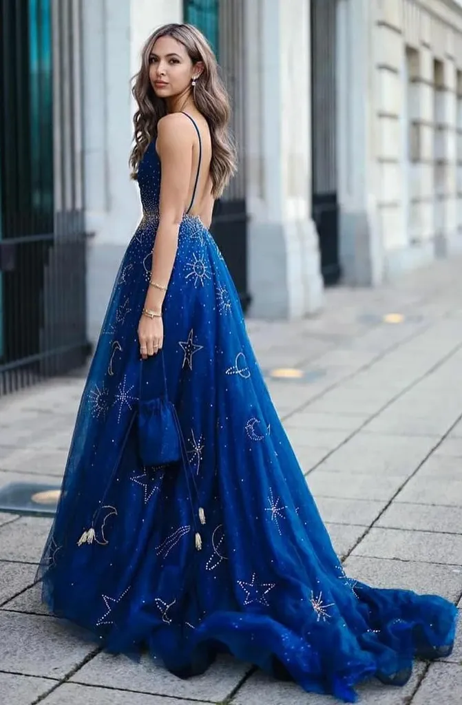 Anneprom A-line Sleeveless Spaghetti Straps Tulle Prom Dress Royal Blue Evening Dress APP0415