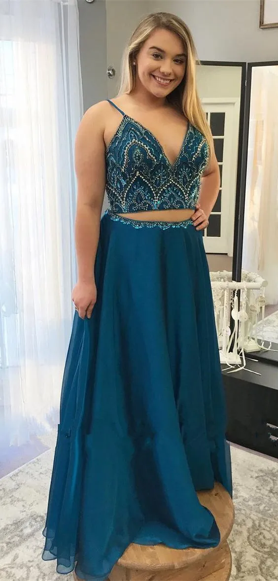 Anneprom A line Spaghetti Strap Floor Length Satin Two Piece Prom Dresses APP0606