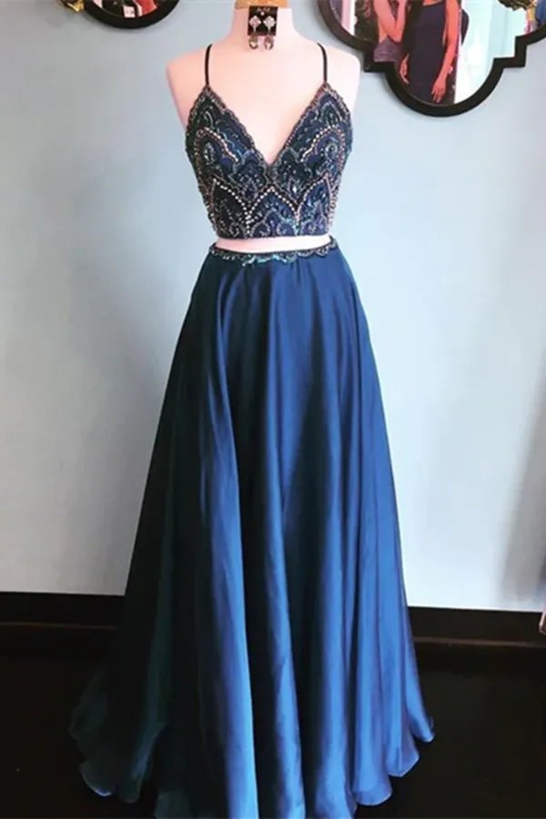Anneprom A line Spaghetti Strap Floor Length Satin Two Piece Prom Dresses APP0606