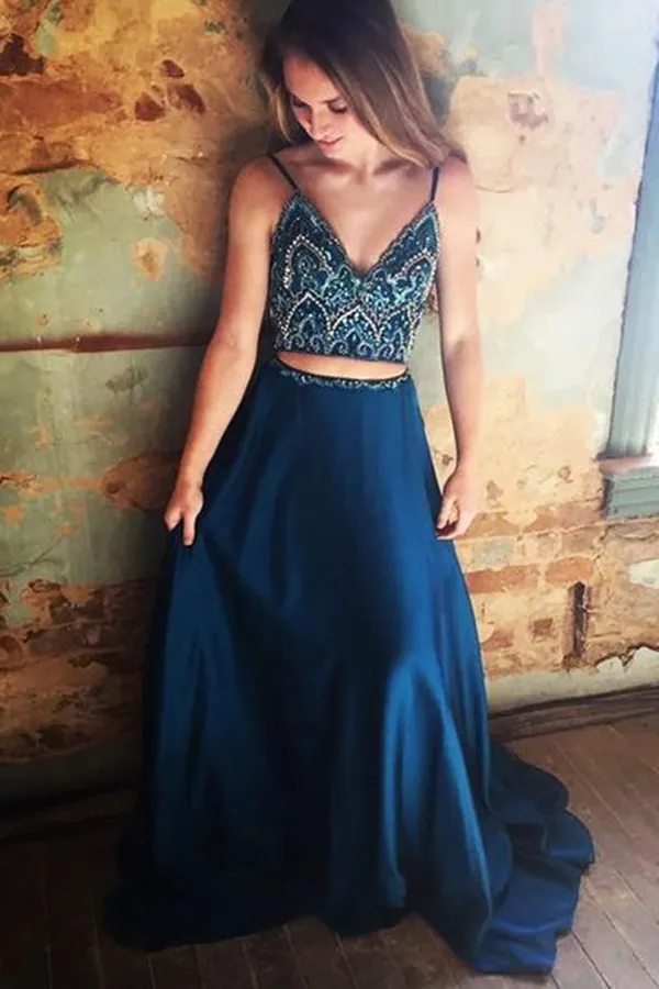 Anneprom A line Spaghetti Strap Floor Length Satin Two Piece Prom Dresses APP0606