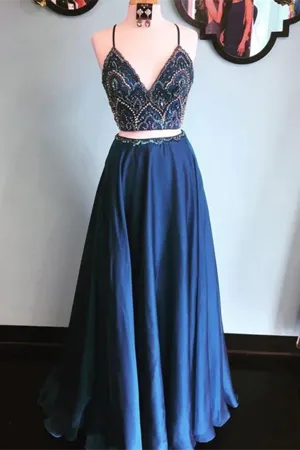 Anneprom A line Spaghetti Strap Floor Length Satin Two Piece Prom Dresses APP0606