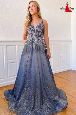 Anneprom A-line Spaghetti Straps Blue Long Prom Dresses Beading Evening Dress APP0466
