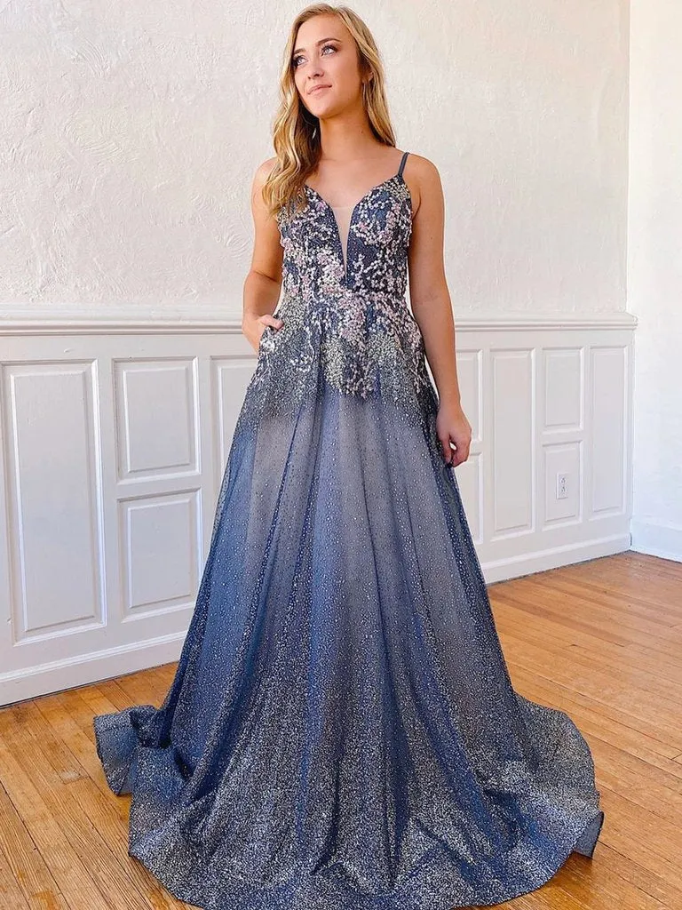 Anneprom A-line Spaghetti Straps Blue Long Prom Dresses Beading Evening Dress APP0466