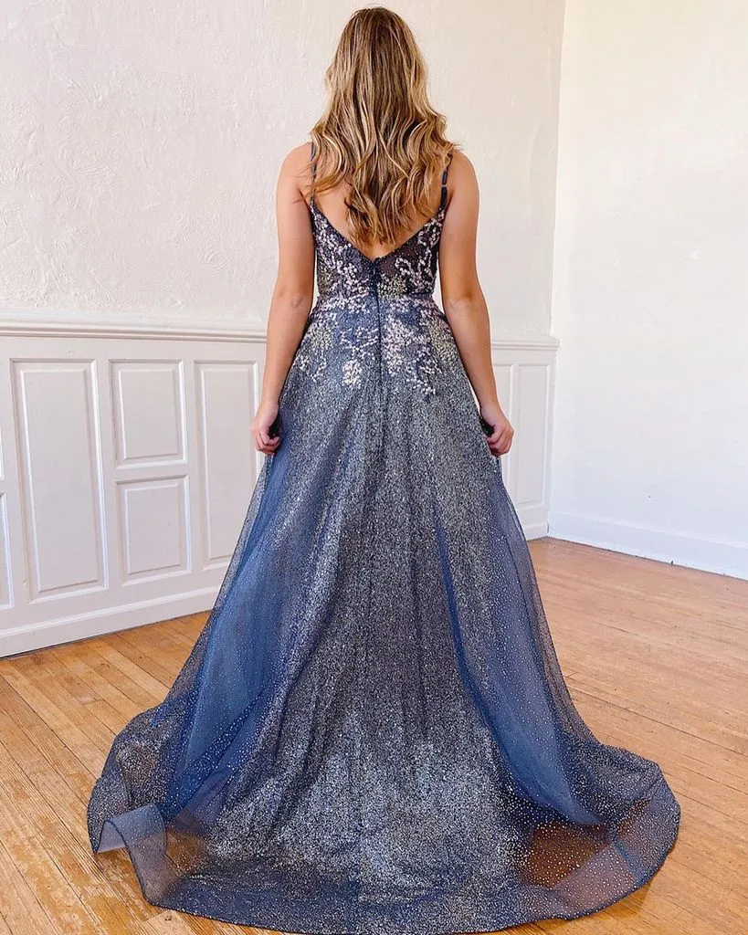 Anneprom A-line Spaghetti Straps Blue Long Prom Dresses Beading Evening Dress APP0466