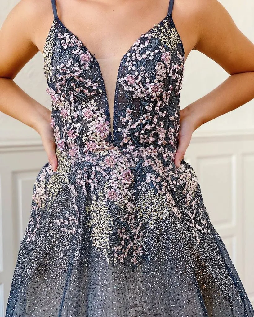 Anneprom A-line Spaghetti Straps Blue Long Prom Dresses Beading Evening Dress APP0466