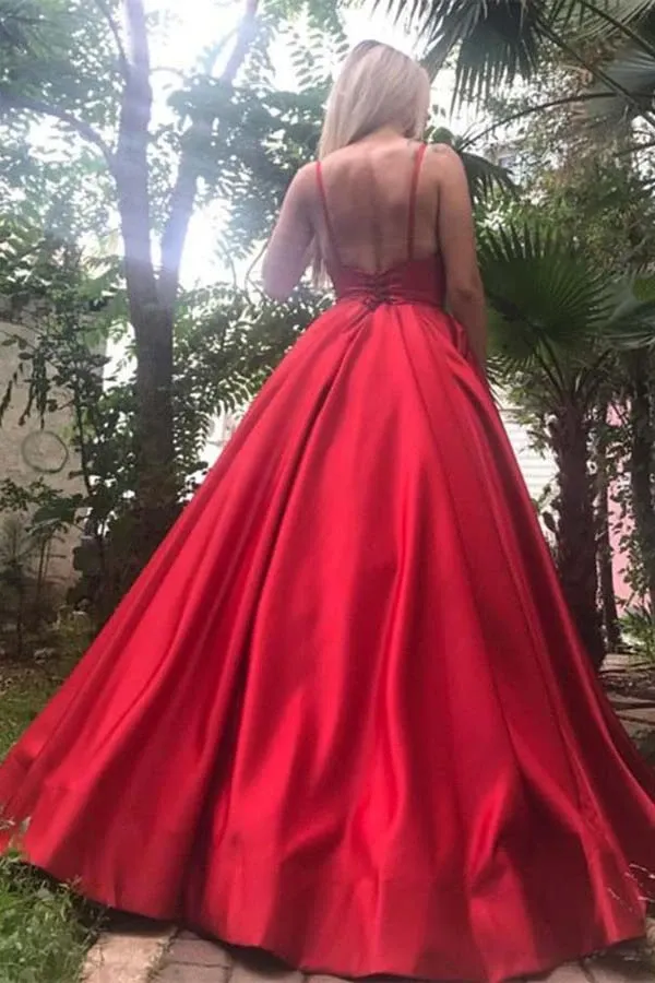 Anneprom A-Line Spaghetti Straps Floor-Length Royal Blue Satin Prom Dress APP0319