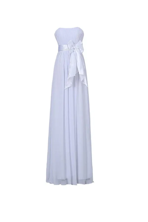 Anneprom A-Line Strapless Floor Length Chiffon White Bridesmaid Dress With Sash APB0061