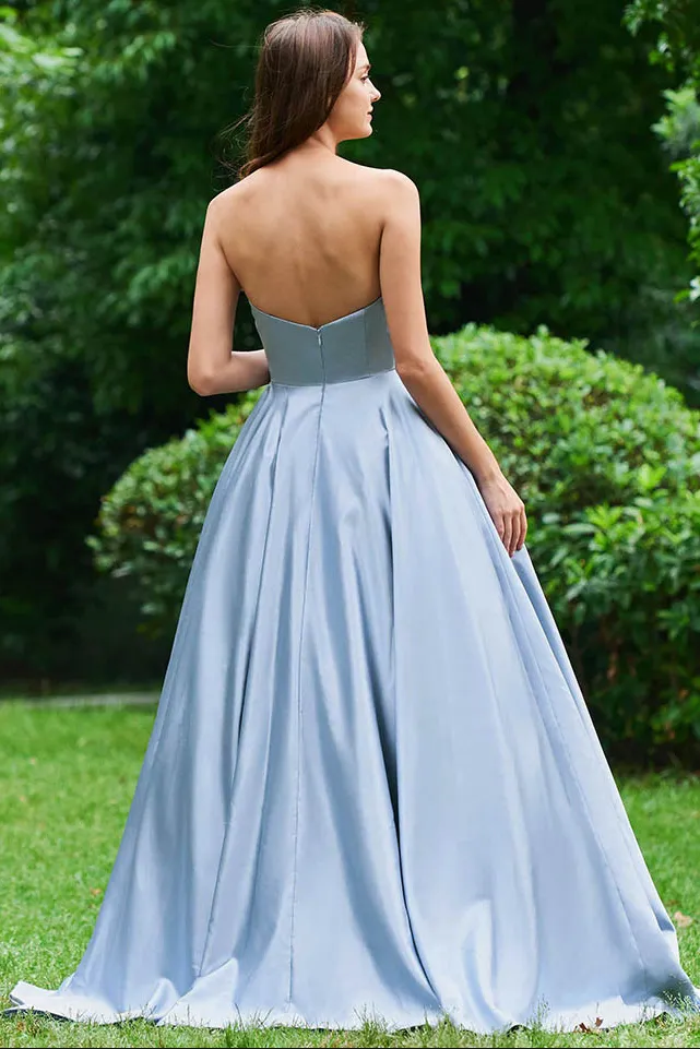 Anneprom A Line Strapless Sky Blue Satin Long Prom Dresses With Appliques APP0345