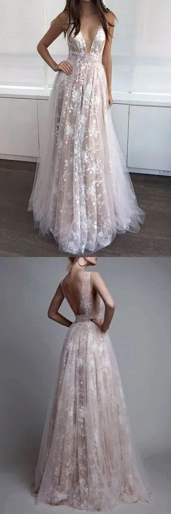 Anneprom A-line V-neck Floor Length Tulle Prom Drsess Evening Gowns With Lace APP0364