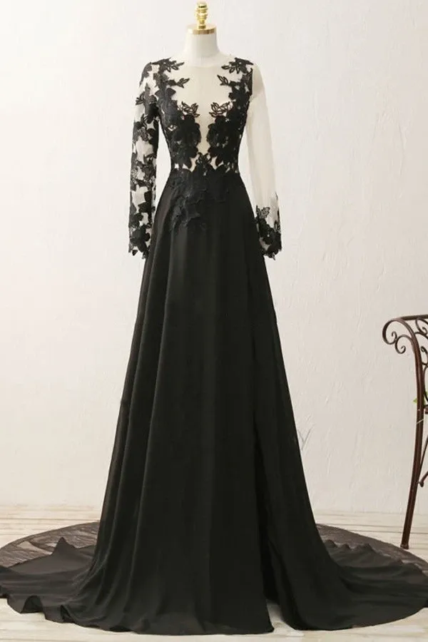 Anneprom A-Line V-Neck Long Sleeves Appliques Black Evening Gowns Prom Dresses APP0080