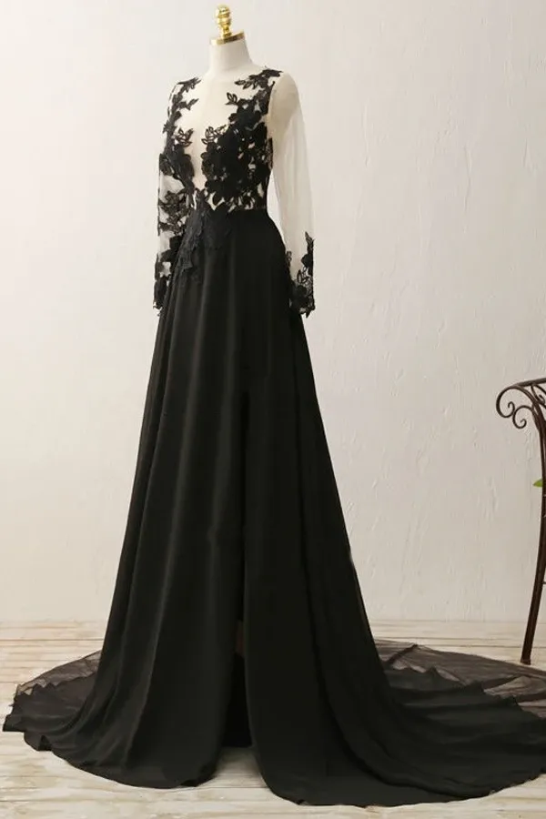 Anneprom A-Line V-Neck Long Sleeves Appliques Black Evening Gowns Prom Dresses APP0080