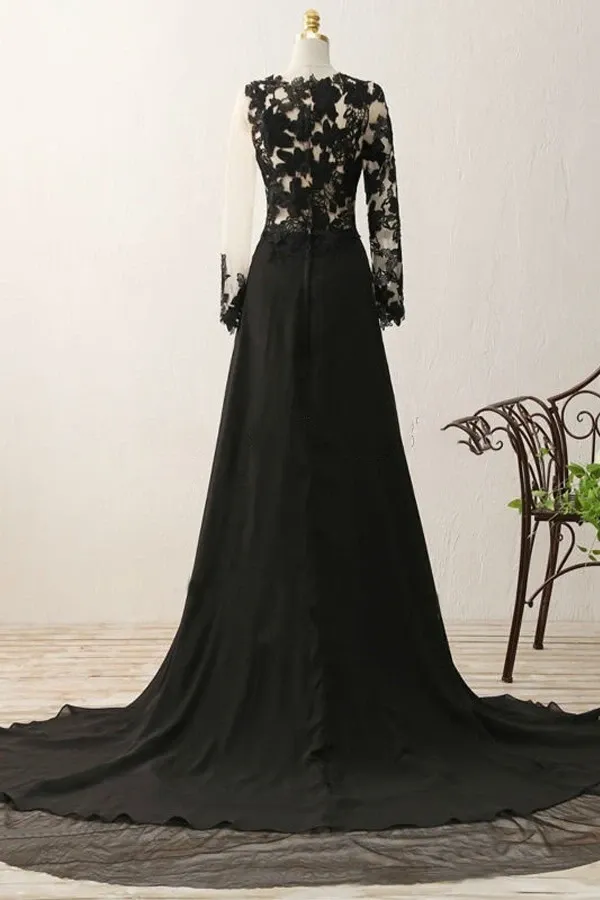 Anneprom A-Line V-Neck Long Sleeves Appliques Black Evening Gowns Prom Dresses APP0080