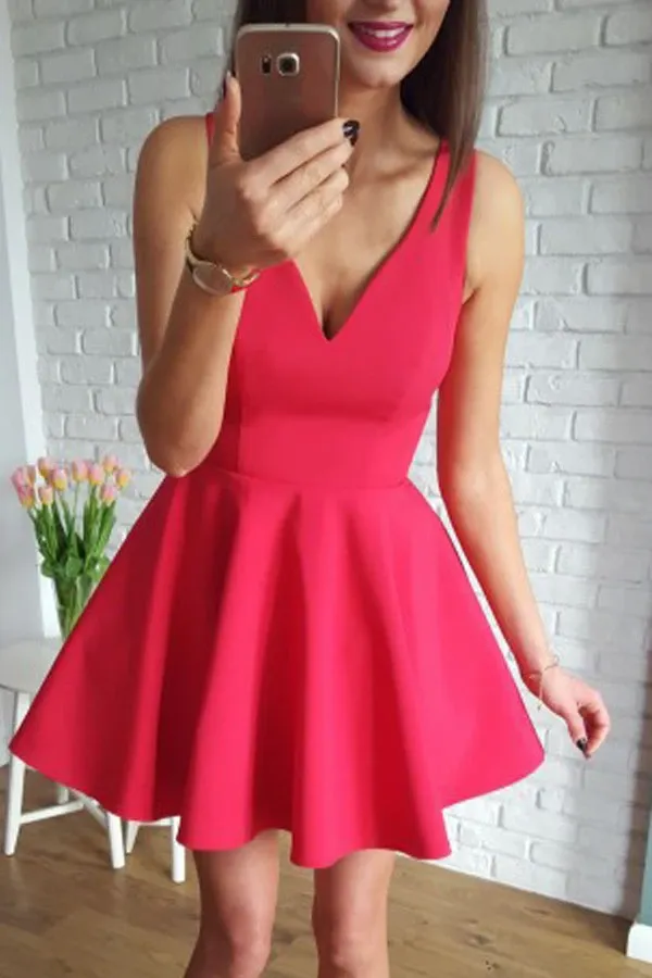 Anneprom A-Line V-Neck Sleeveless Short Red Satin Homecoming Dress APP0146