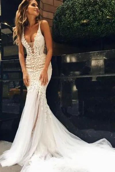 Anneprom Appliques V-Neck Elegant Mermaid Open-Back Wedding Dresses APW0306