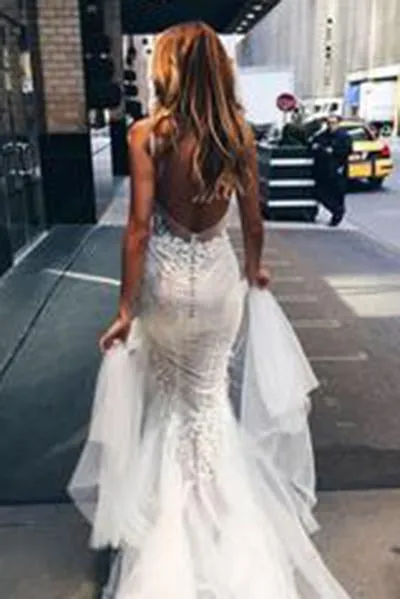 Anneprom Appliques V-Neck Elegant Mermaid Open-Back Wedding Dresses APW0306