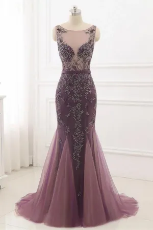 Anneprom Beading Scoop Mermaid Sweep Train Tulle Long Cheap Prom Dress APP0359