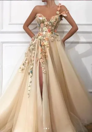 Anneprom Beautiful One Shoulder A Line Tulle Prom Dresses With Flowers APP0441