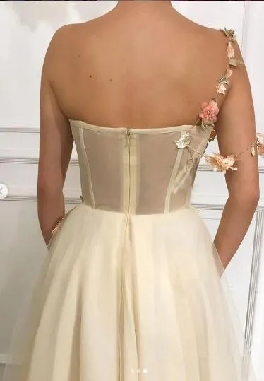 Anneprom Beautiful One Shoulder A Line Tulle Prom Dresses With Flowers APP0441