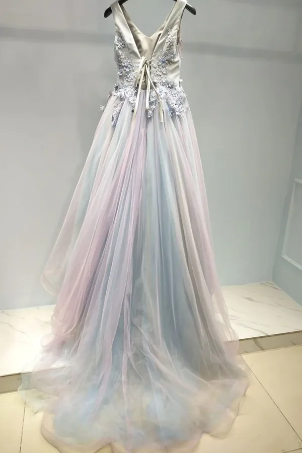 Anneprom Beautiful Prom Dress A line V neck Applique Ombre Tulle Long Prom Dresses Evening Dress APP0527