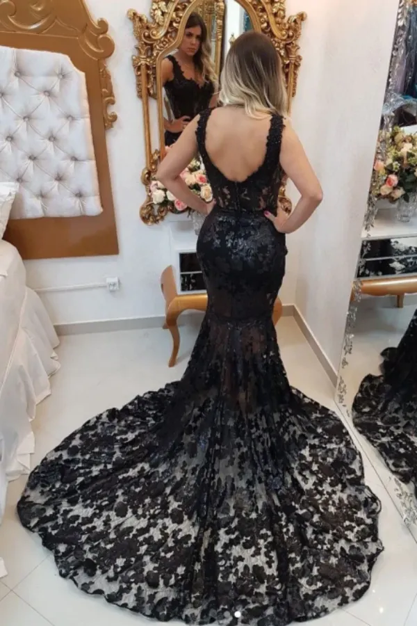 Anneprom Black v neck lace mermaid long prom dress, black evening dresses APP0686