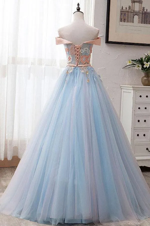 Anneprom Blue Tulle Off-The-Shoulder Appliques Ball Gown Long Prom Dress APP0297