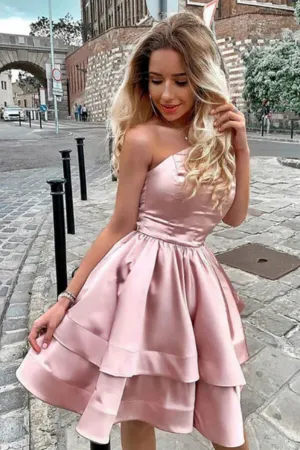 Anneprom Blush Pink A line One Shoulder Homecoming Dresses, Short Prom Dresses APH0183