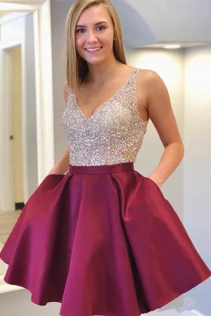 Anneprom Burgundy See Through Beaded Homecoming Dresses with Pockets APH0179