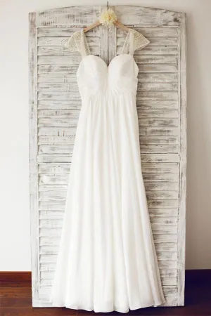 Anneprom Cap Sleeve Floor Length Chiffon Pleated Wedding Dresses With Beading APW0075