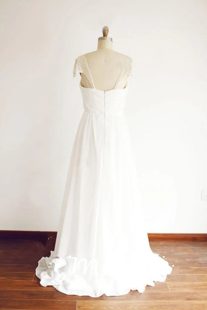Anneprom Cap Sleeve Floor Length Chiffon Pleated Wedding Dresses With Beading APW0075