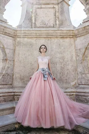 Anneprom Cap Sleeves Ball-Gown Lace Bowknot Pink Tulle Wedding Dresses APW0082